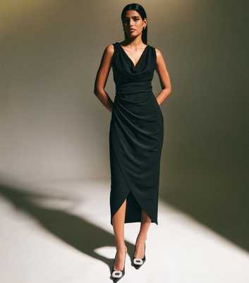 Black Cowl Neck Draped Midi Dress