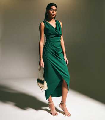 Green Cowl Neck Draped Midi Dress