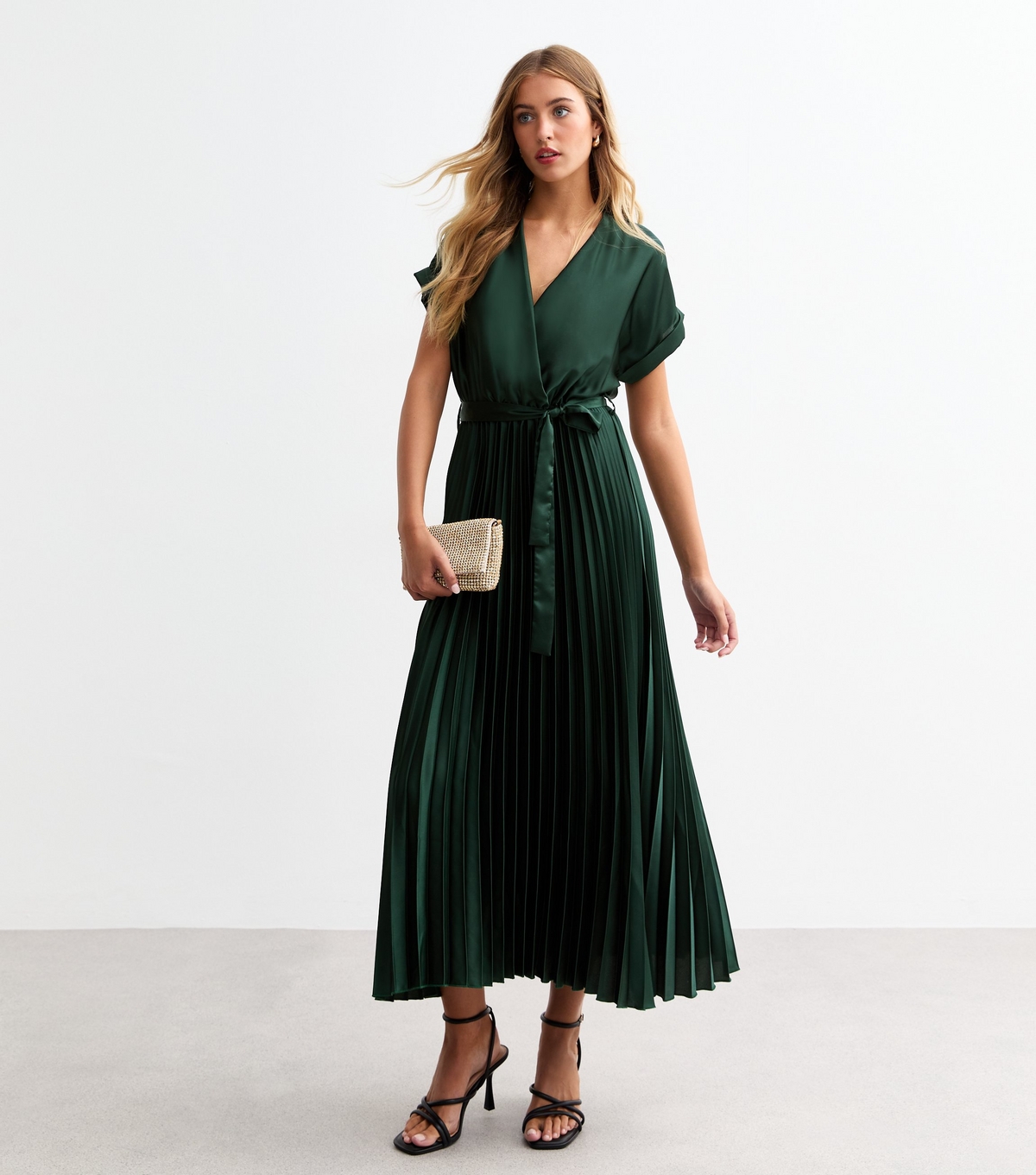 Women's Tall Dark Green Satin Pleated Midi Dress New Look