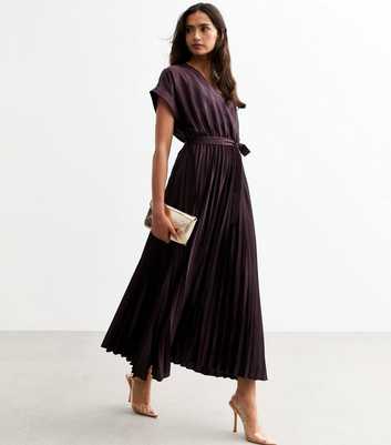 Tall Burgundy Satin Pleated Midi Dress