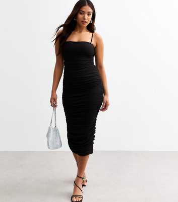 Petite Black Ruched Mesh Midi Dress