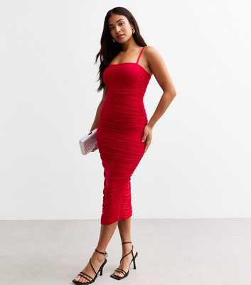 Petite Red Ruched Mesh Midi Dress