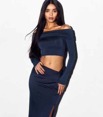Navy Off Shoulder Long Sleeve Crop Top | New Look