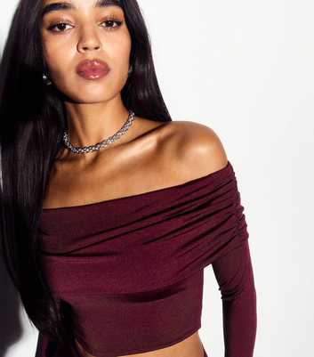 Burgundy Off Shoulder Long Sleeve Crop Top 