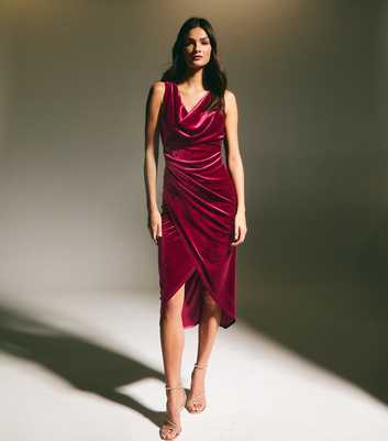 Burgundy Draped Velvet Cowl Neck Midi Dress