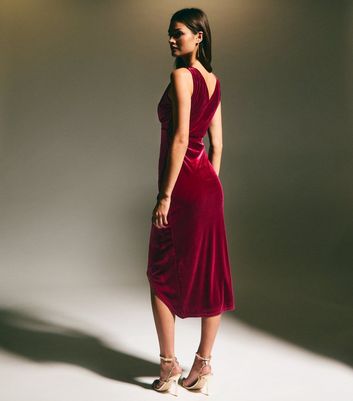 Burgundy Draped Velvet Cowl Neck Midi Dress New Look