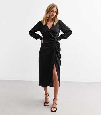 Black Satin Wrap Style Midi Dress