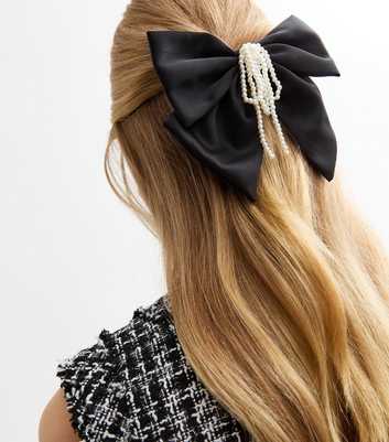 Black Faux Pearl Embellished Satin Crepe Bow Hair Slide