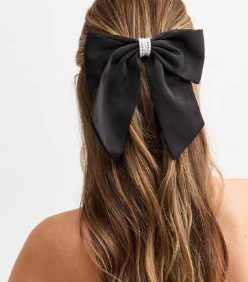 Black Faux Pearl Embellished Satin Crepe Bow Hair Slide