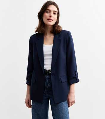 Navy Cropped Sleeve Blazer