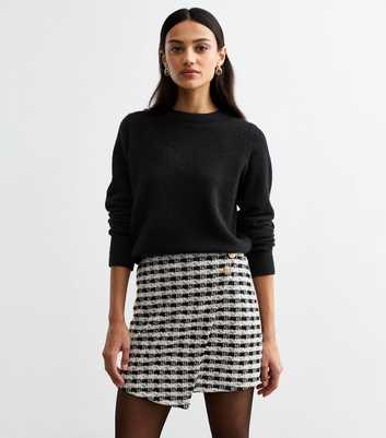 Black Check Patterned Boucle Wrap Mini Skirt 