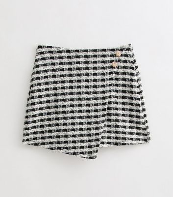 Black Check Patterned Boucle Wrap Mini Skirt | New Look