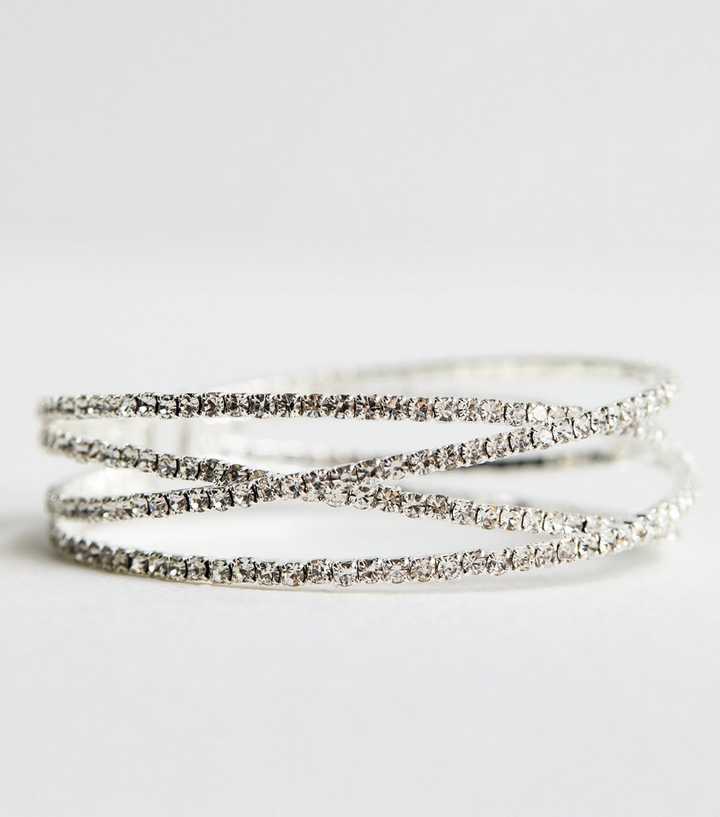 Silver Tone Crossover Diamanté Cuff Bracelet New Look - Main Image