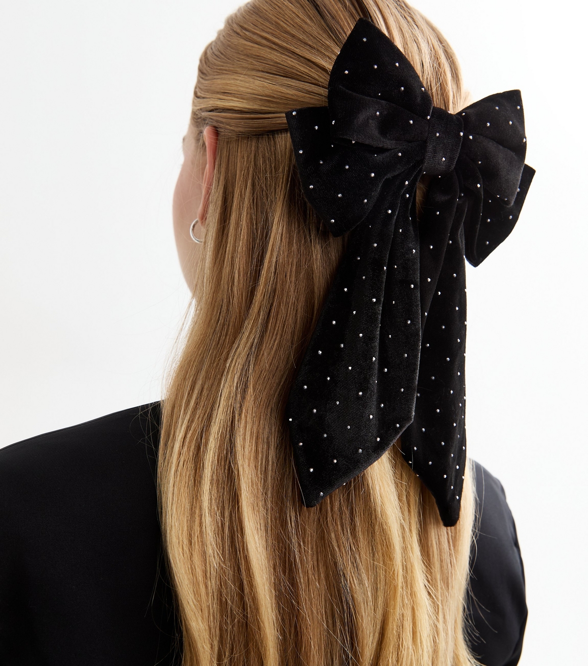 Black Velvet Diamanté Bow Hair Slide New Look