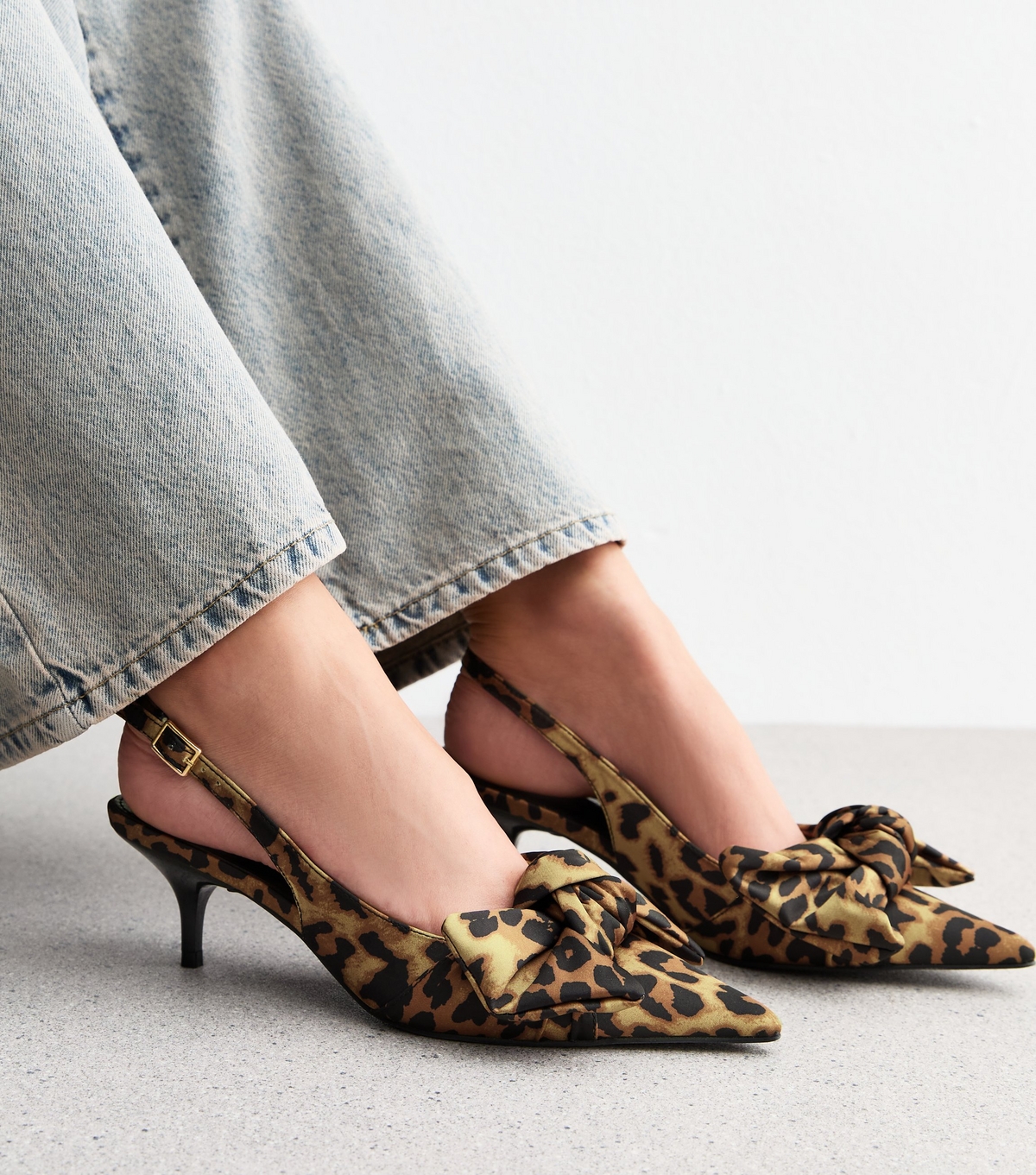 Women's Brown Leopard Bow Satin Kitten Heel Court Shoes Public Desire New Look