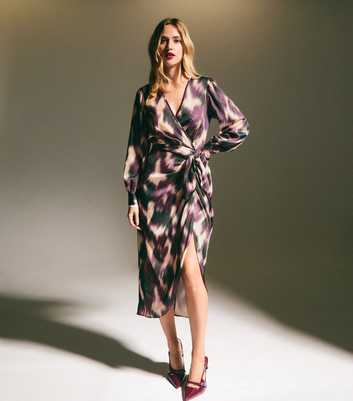 Purple Abstract Print Satin Wrap Midi Dress