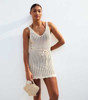 Cream Ladder Stitch Beach Mini Dress