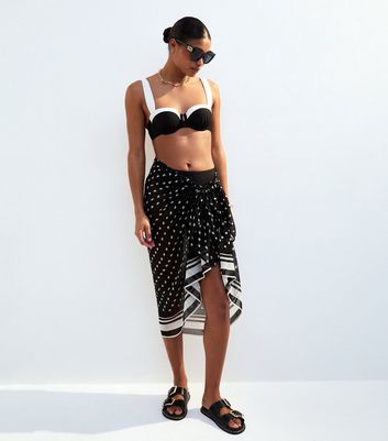 Black Polka Dot Bordered Textured Sarong New Look