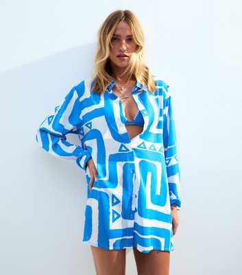 Blue Swirl Patterned Long Beach Shirt 