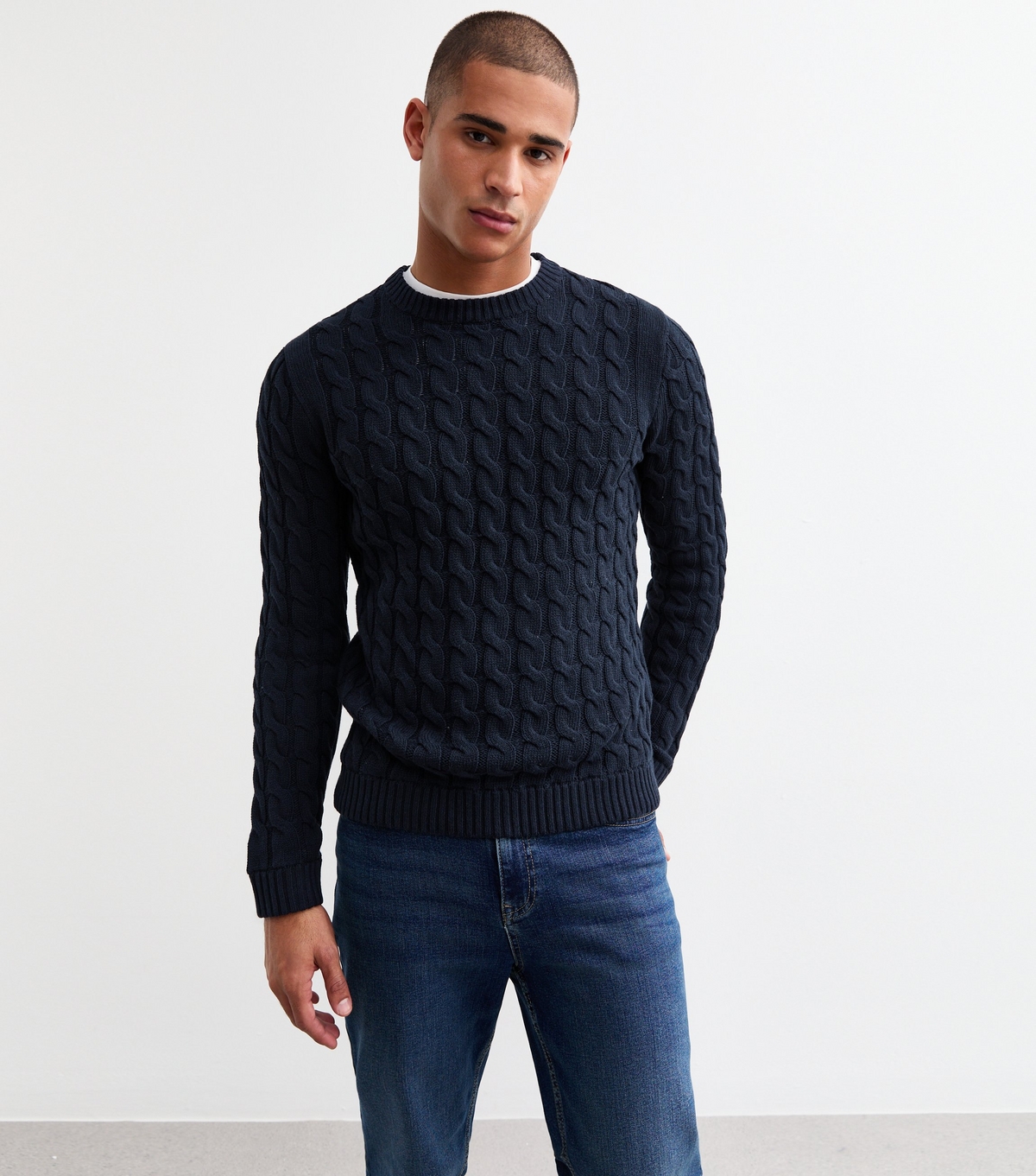 Men's Navy Regular Cable Knit Jumper Only and Sons New Look