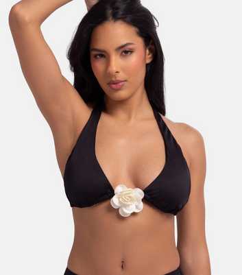 Dorina Black Floral Appliqued Triangle Halterneck Bikini Top