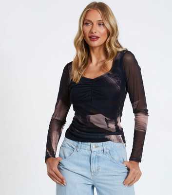 QUIZ Black Mesh Abstract Print Top