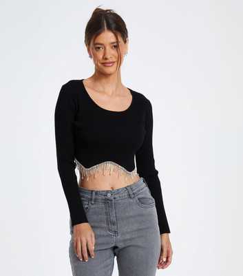 QUIZ Black Crystal Trim Ribbed Knit Top