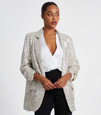 QUIZ Silver Ruched Sleeve Sequin Blazer