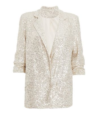 QUIZ Silver Ruched Sleeve Sequin Blazer New Look