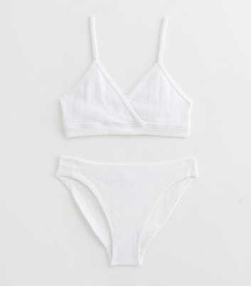 Girls White Heart Pointelle Crop Top And Briefs Set