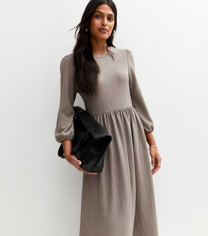 Grey Crinkled Jersey Midi Smock Dress