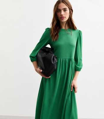 Green Crinkled Jersey Midi Smock Dress