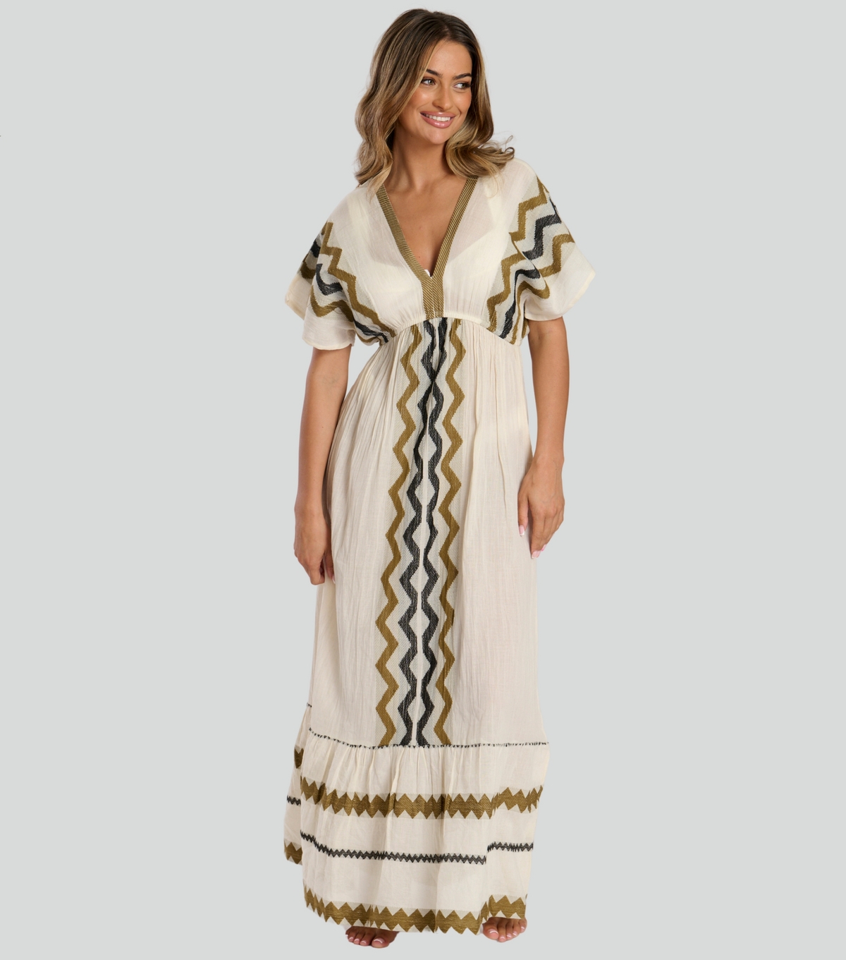 Women's Cream Zig Zag Cotton Maxi Dress South Beach New Look