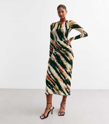 Off White Blurred Stripe Mesh Midi Dress