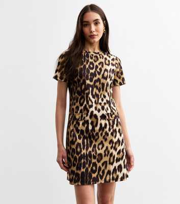 Brown Short Sleeve Leopard Print Mini Dress