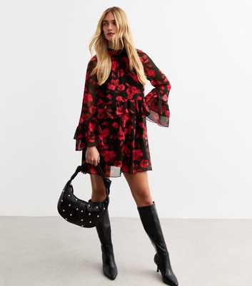 Red Blur Rose Print Ruffled Chiffon Mini Dress