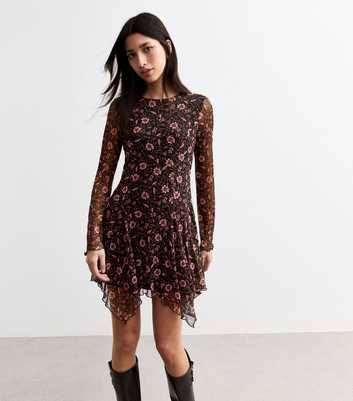 Black Floral Print Handkerchief Hem Mesh Mini Dress