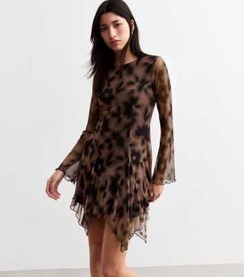 Brown Floral Print Asymmetric Hem Mesh Dress