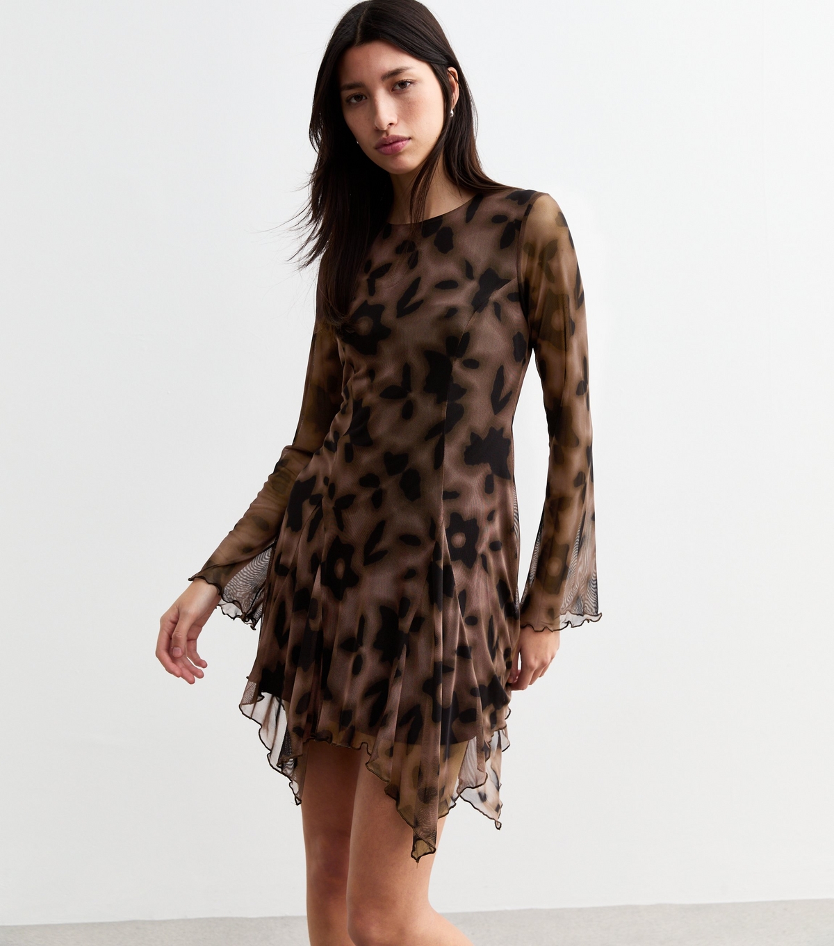 Women's Brown Floral Print Asymmetric Hem Mesh Dress New Look