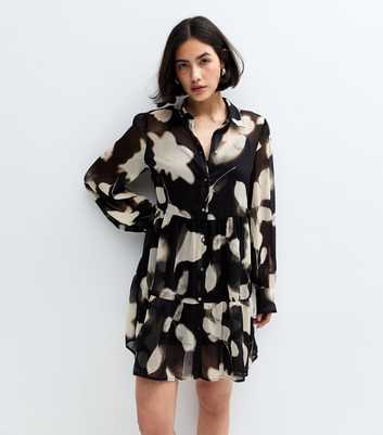 Black Blurry Floral Print Chiffon Mini Shirt Dress