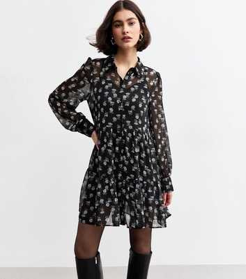 Black Daisy Print Chiffon Mini Shirt Dress