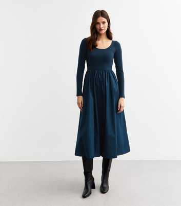 Navy Long Sleeved Poplin Midi Dress