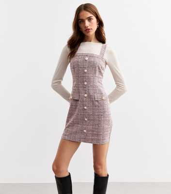 Pink Faux Pearl Checked Bouclé Pinafore Dress