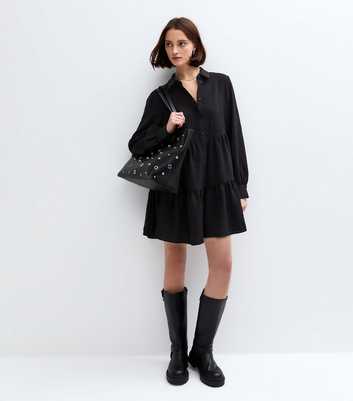 Black Crinkled Mini Shirt Dress