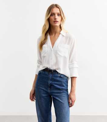 White V-Neck Curved Hem Shirt