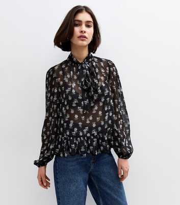 Black Floral Print Sheer Pussybow Blouse