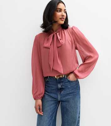 Pink Crinkled Pussybow Blouse