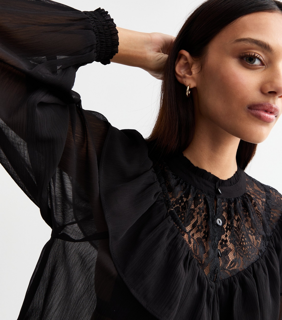 Women's Black Lace Yoke Frilly Trim Sheer Chiffon Top New Look