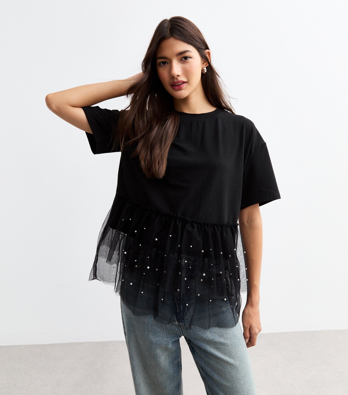 Women's Black Faux Pearl Tulle And Jersey T-Shirt New Look