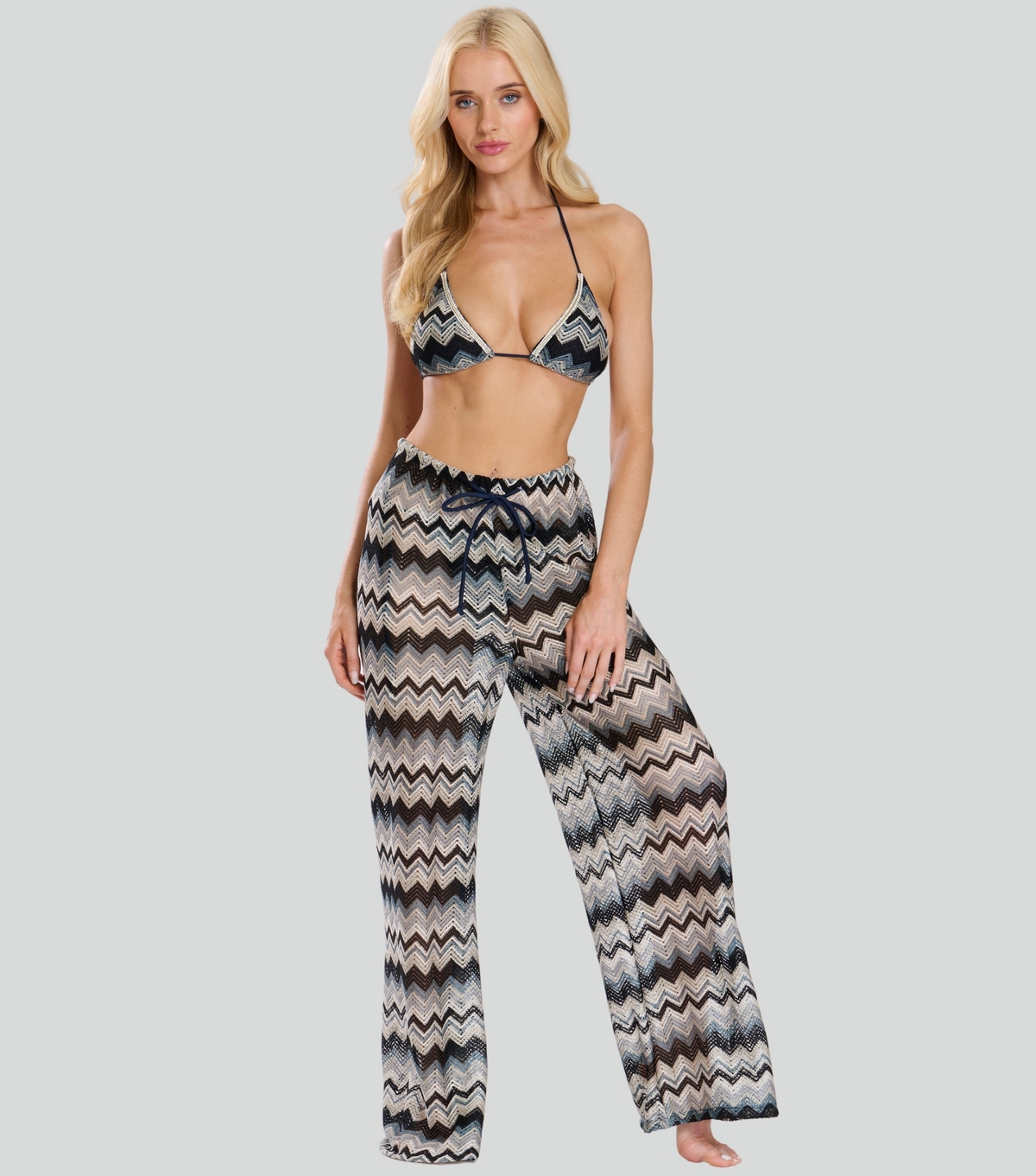 Women's Blue Zig Zag Crochet Wide Leg Trousers South Beach New Look